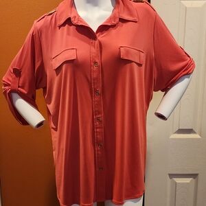 Carmen Marc Valvo Orange and Pink Cuffed Sleeve Button Down Shirt